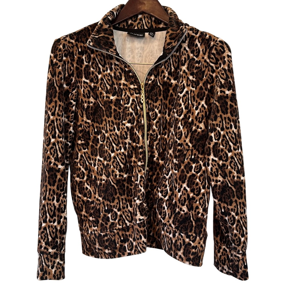 Onque Casual Womens Leopard Print‎ Velour Zip Up Jacket Petite Large